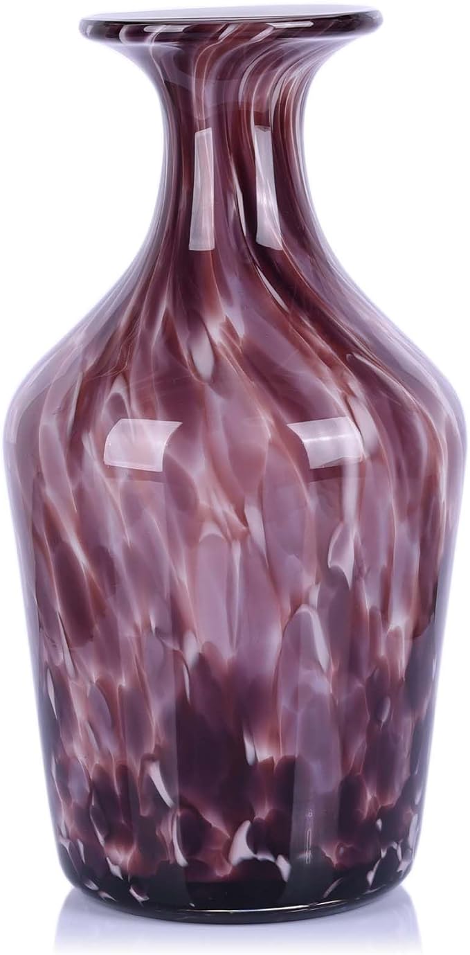 Hand Blown Glass Vase Plum – Murano Style Art Glass Vase with Wide Mouth for Flowers, Bubble Vase, Decorative Centerpiece for Dining Table, Coffee Table or Living Room Display (Purple)