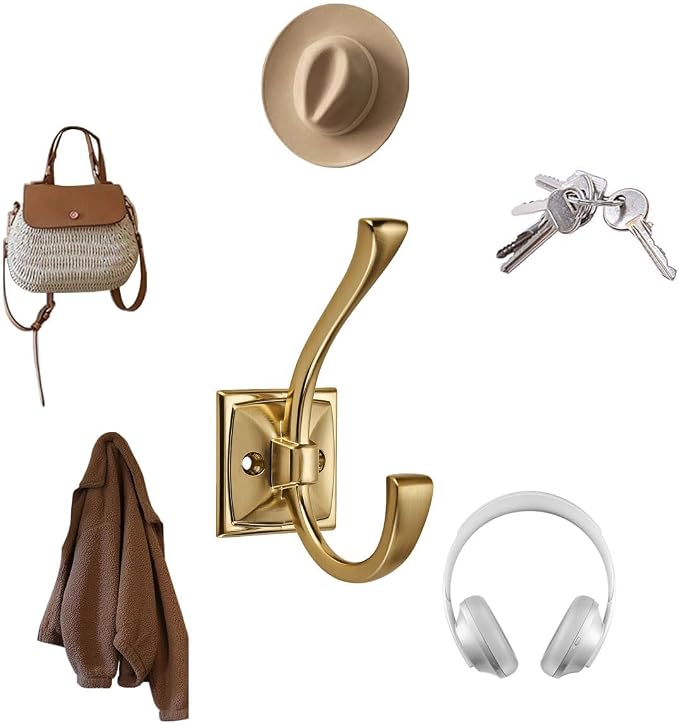 3 Pack Decorative Heavy Duty Towel Hooks for Hanging Robe Double Brushed Brass Coat Hooks Wall Mounted with Screws for Key, Towel, Bags, Cup, Hat
