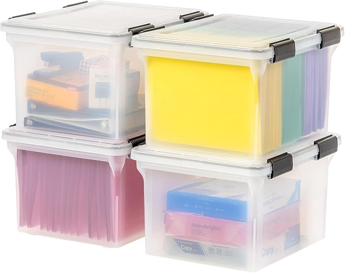 IRIS USA File Box WeatherPro File Organizer Plastic File Box for Letter/Legal File, Water Resistant Document Box, Durable Lid, Seal w/Secure Latching Buckles, Stackable, Nestable, Clear 32 Qt. 4Pack