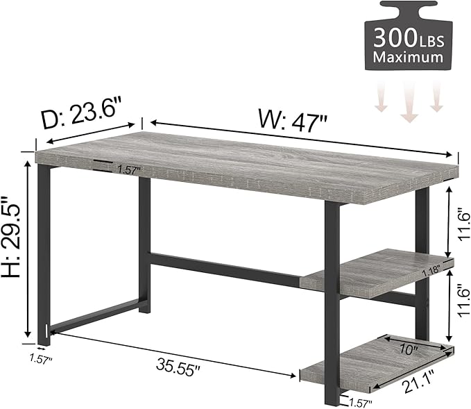 FOLUBAN 47 Inch Home Office Desk, Modern Computer Desk with Storage Shelves, Small Study Writing Gaming Table Workstation for Living Room Bedroom, Industrial Light Grey