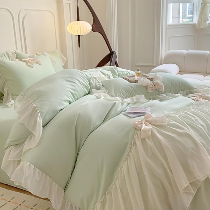 Ruffled Bedding Bow Duvet Cover Set with Butterfly Tie, Soft Brushed Microfiber Shabby Chic Bedding Set with Zipper Closure