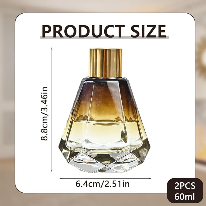 2 Pack 2oz Amber Glass Reed Diffuser Bottles, Diamond Shape with Gold Cap | Faceted glass body, amber gradient tone, polished gold cap, rounded bottle mouth, thickened glass, refillable structure.