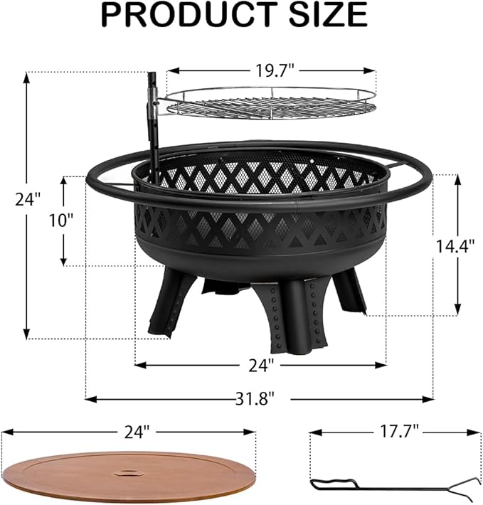 Panovue 32 Inch Outdoor Fire Pit with Grill, Wood Burning Firepit for Outside with Lid/Fire Poker, Metal Round Fire Pit Table for Patio Backyard Garden Bonfire Party