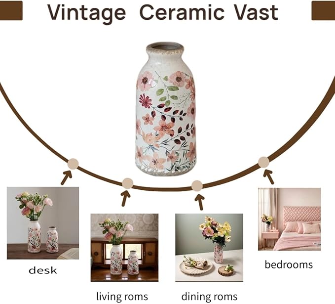Ceramic Small Vase, Rustic Farmhouse Vintage Flower Vase for Home Decor, Floral Centerpiece for Table, Shelf, Mantle,Living Room,Kitchen, Office,Boho Chic Gift Idea for Christmas, Housewarming