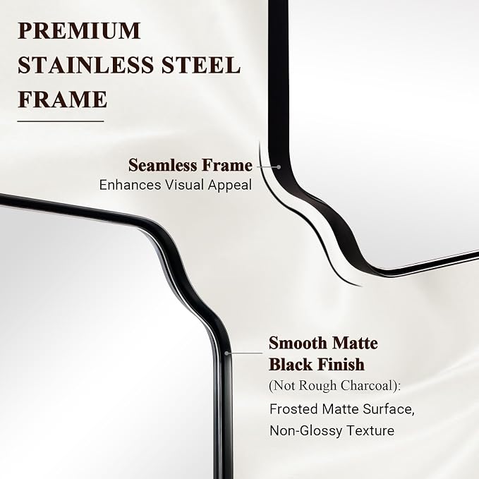 ANDY STAR 24"x30" Bathroom Mirror, Matte Black Framed Wall Mirror, Modern Scalloped Rectangle Mirror in Premium Stainless Steel Thin Frame, Rounded Notched Corners Design, Ideal for Home Remodel