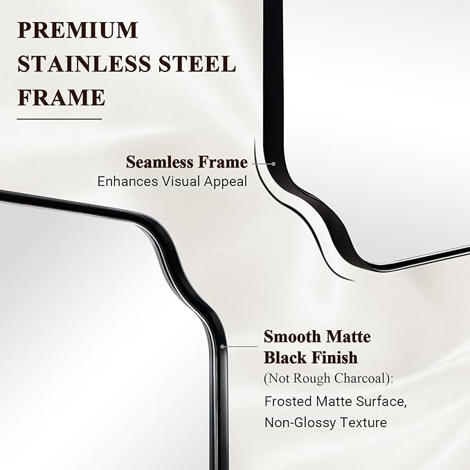 ANDY STAR Matte Black Mirror 26x38 Inch, Scalloped Wall Mirror, Unique Rectangular Bathroom Mirror in Premium Stainless Steel Metal Frame 1’’ Deep, Hangs Vertically/Horizontally