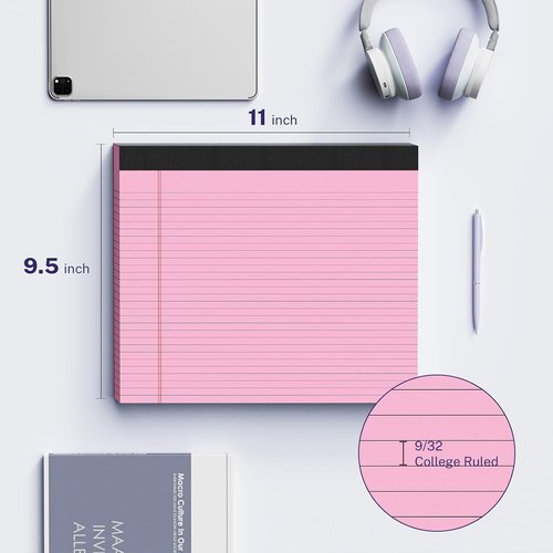 AILZFEI Wide Legal Pads - 3 Pack Pink College Ruled Notepads | 11" x 9.5", 30 Sheets Each, Perforated