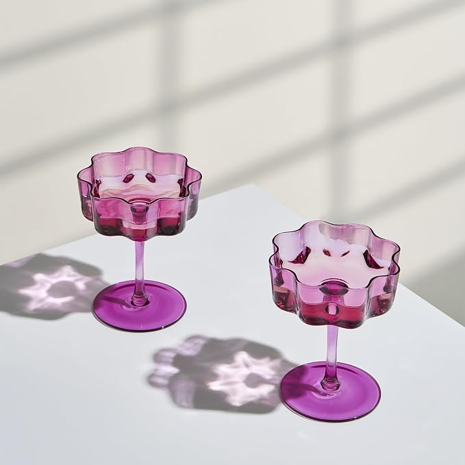 Khen Flower Vintage Wavy Glass Coupes Martini, Champagne & Cocktail Coupes - Set of 2-7oz Colorful Cocktail Glasses & Champagne, Prosecco, Mimosa Glassware Copyright Design - Amethyst Purple
