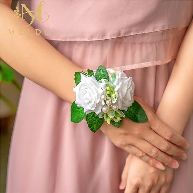 Meldel Prom Wrist Corsage and Boutonniere Set for Wedding, White Rose Boutonniere for Men Wedding, Wrist Flower for Bride Bridesmaid, Hand Flower for Wedding Ceremony Anniversary, Party, Homecoming