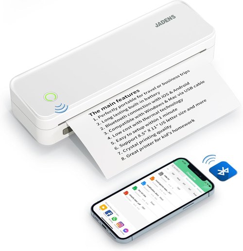 JADENS Wireless Portable Printer - Inkless Bluetooth Thermal Printer for Travel | Compatible with iOS, Android & Laptops, 8.5" x 11" US Letter