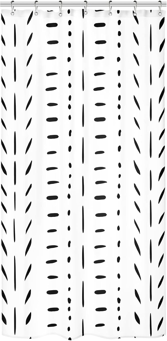 Riyidecor Boho White Black Stall Small Half Size Dorm Shower Curtain 36x72 Inch Striped Geometric Chevron Herringbone Single Narrow Tiny Walkin Stand Up Decor Fabric Bathroom Set Polyester Waterproof