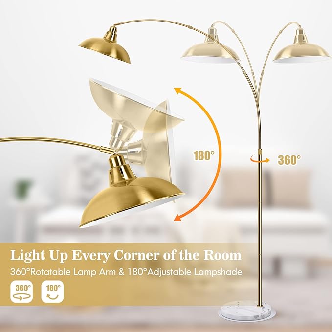 FILIYANO Gold Brass Arc Floor Lamp for Living Room - Mid Century Modern Standing Lamp, Overhanging Floor Lamps, Arch Stand Up Lamp & Floor Light with White Marble Base, Ideal for Bedroom Study Room