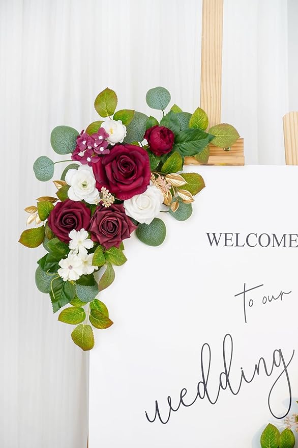 WEIERYUE(Pack of 2 Artificial Flowers Decorations,Artificial Arch Backdrop Garlandfor Ceremony Party Reception Entrance Welcome Easel Door Floral Decor Wall Home Entryway Outdoor(Wine red)