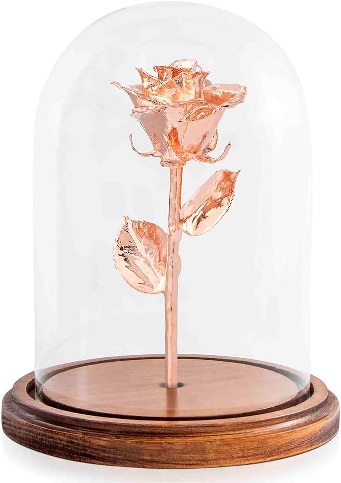 Forever Rose Enchanted Preserved with Real Gold Dipped Rose Lasts Forever | Includes Wood Base & Glass Dome | Rose Gold Roses Assembled by Hand in The USA | Romantic Gifts for Women