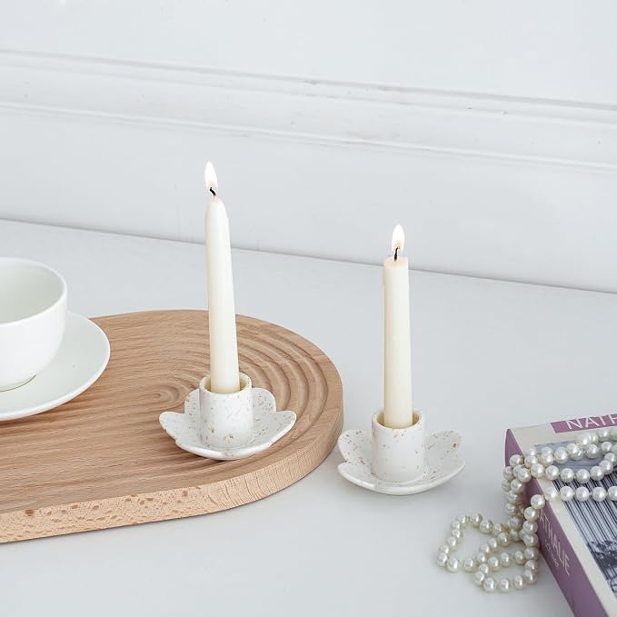 Ceramic Taper Candle Holders for Table Centerpiece, Decorative Candlestick Holders for Home Wedding Party, Housewarming Gifts, Pack of 2, Flower Shape, White