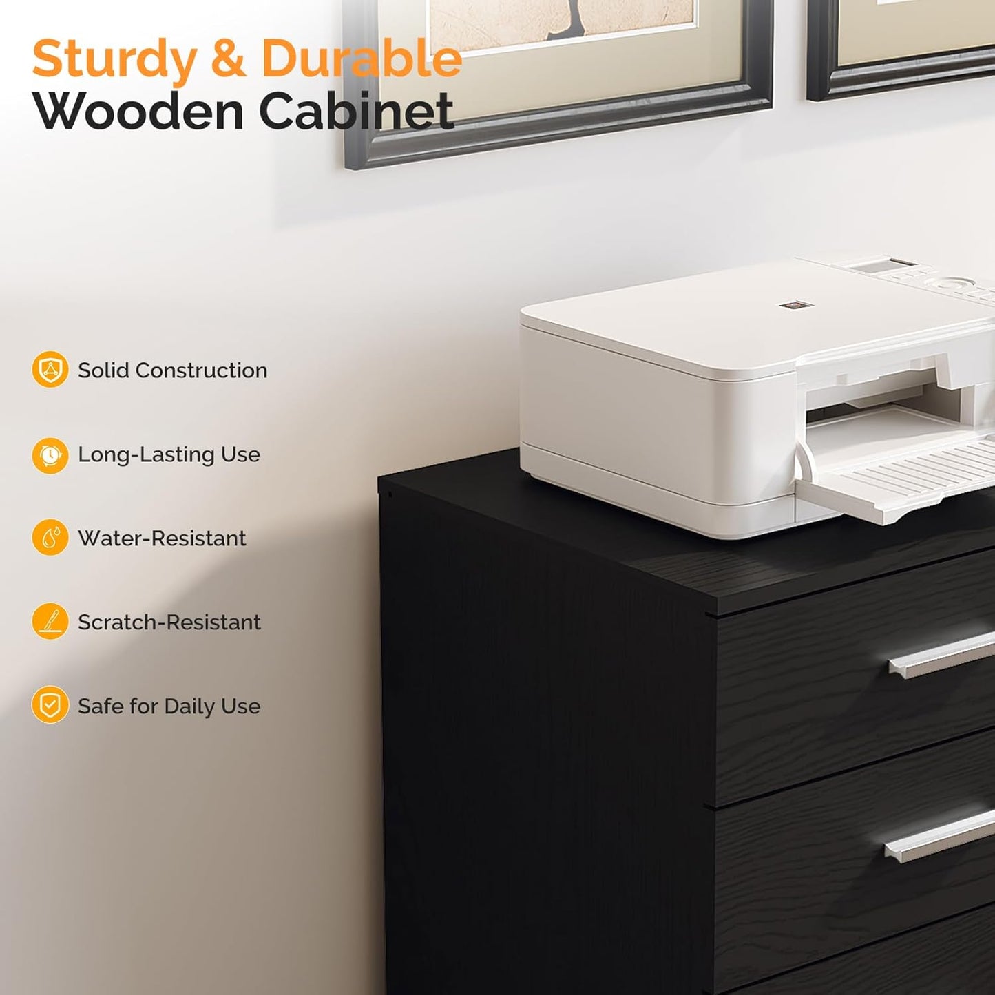 VINGLI 3 Drawer Wood Lateral File Cabinet - Adjustable Shelves & Locking Wheels | Sturdy Black Design for Home Office