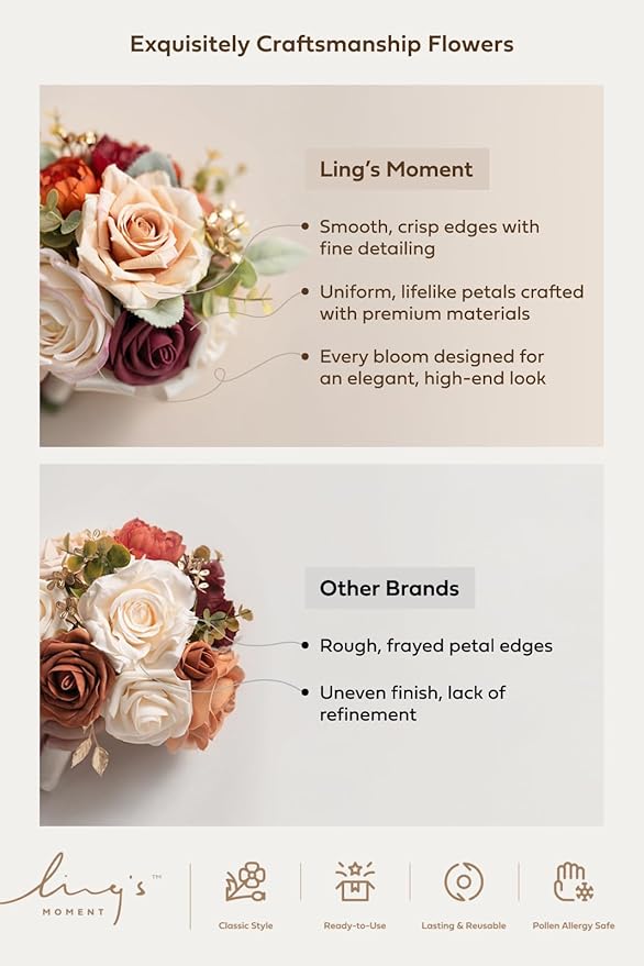 Ling's moment Burnt Orange Bridesmaid Bouquet, Terracotta Wedding Bouquets for Bridesmaids, 7 Inch Bridal Bouquets for Bridesmaids, Wedding, Ceremony, Anniversary, etc.