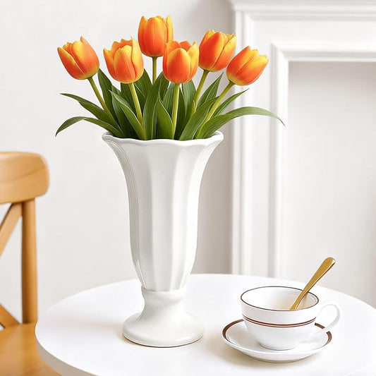 Modern Fluted Ceramic Vase, 10 Inch White Flower Vase with Pedestal Base, Decorative Table Top Vases for Centerpieces, Home Decor, Living Room, Bedroom, Wedding and Events, Housewarming Gift
