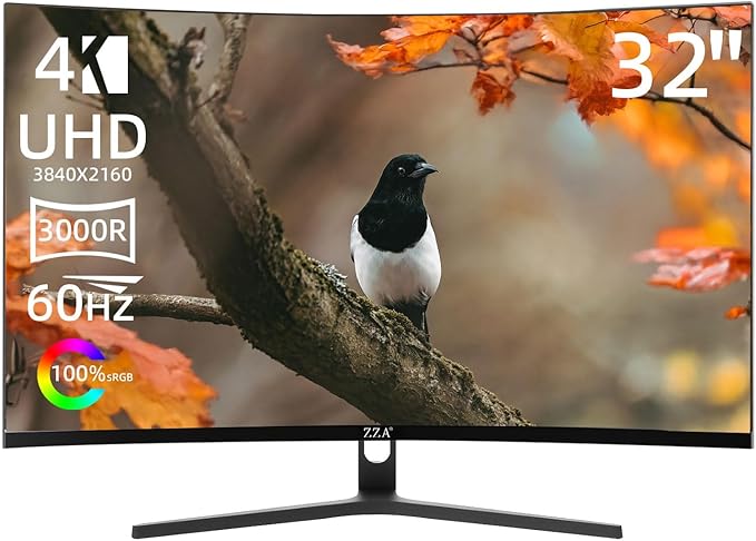 ZZA 32” Monitor 4K, UHD 3840x2160 IPS Screen,3000R, 60Hz Computer Moniter, Supports AMD Freesync 99% sRGB,Monitor 32 Inch Wall Mountable Installs (HDMI/DP)