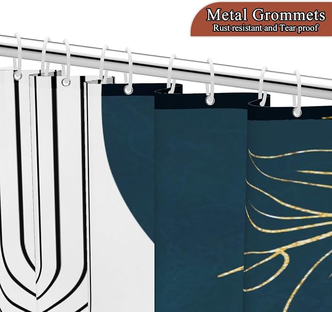 Mid Century Boho Shower Curtain, Abstract Modern Sun Minimalist Aesthetic Shower Curtain, Bohemian Geometric Arch Curve Leaves Neutral Art Fabric Bathroom Curtains Blue 72x78 inch