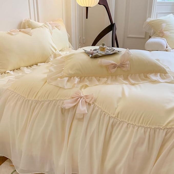 Lace Ruffled Bedding Bow Duvet Cover Set with Butterfly Tie, Soft Brushed Microfiber Shabby Chic Bedding Set with Zipper Closure-Yellow,Queen Size
