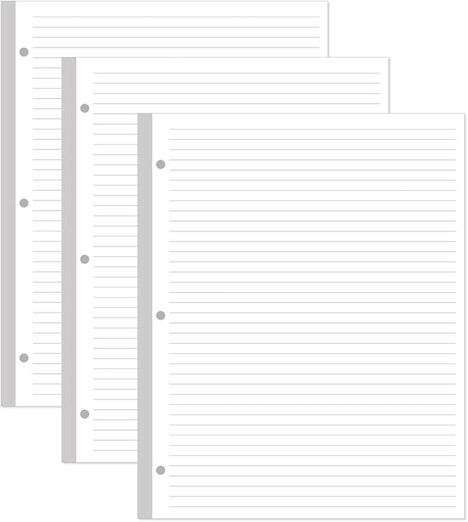 (3-Pack) 3-Hole Line Paper Refills, Letter Size Loose-Leaf Paper, 300 Sheets/600 Pages, 100gsm White Paper, 8.5'' x 11''