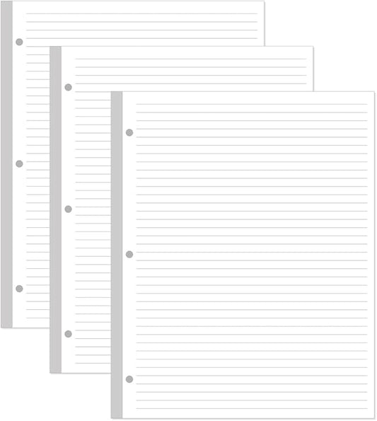 (3-Pack) 3-Hole Line Paper Refills, Letter Size Loose-Leaf Paper, 300 Sheets/600 Pages, 100gsm White Paper, 8.5'' x 11''