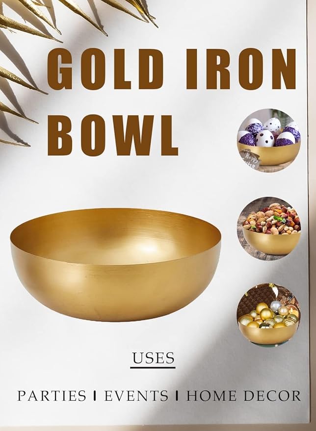 Serene Spaces Living Vintage Gold Decorative Iron Bowl, Table Centerpiece, Fruit Bowl, Floating Candle-Holder, Flower Bowl Vase, Potpourri, Catchall, Dining Table, 12" Diameter & 4" Tall, Set of 6