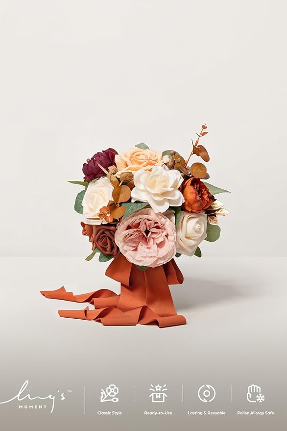 Ling's moment Terracotta Bridesmaid Bouquet, Burnt Orange Wedding Bouquets for Bridesmaids, 7 Inch Bridal Bouquets for Bridesmaids, Wedding Decor, Ceremony, Anniversary, Homecoming, etc.