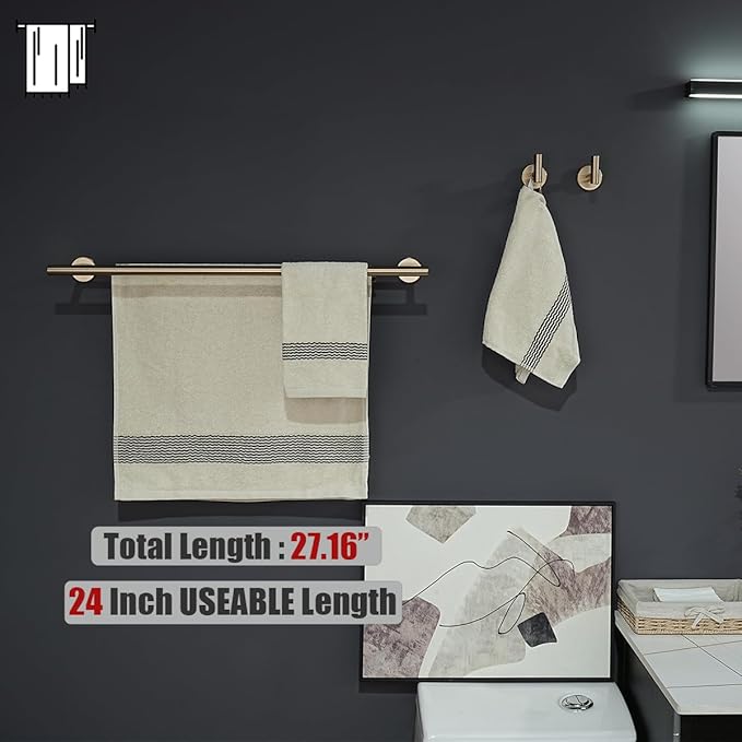 JQK Double Towel Bar Champagne Bronze, 27 Inch 304 Stainless Steel Thicken 0.8mm Towel Rack for Bathroom, Towel Holder Wall Mount, Useable Length 24 Inch, TB100L24-CB