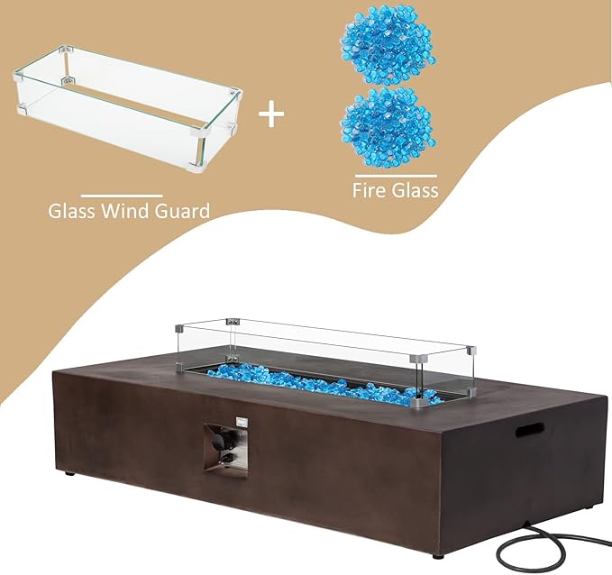 COSIEST Outdoor Propane Fire Pit Table, 56-inch x 28-inch Rectangle Bronze Compact Concrete-Like Finish, Certified, 50,000 BTU Stainless Steel Burner w Blue Fire Glass, Wind Guard, Raincover