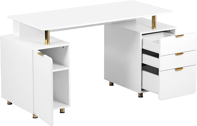 Elegant 56.75" W Executive Desk with 3 Drawers and Storage Cabinet, Modern Office Desk with Gold Accents, Floating Work Surface, Closed Storage with Ventilation & Adjustable Shelf (White,Gold)