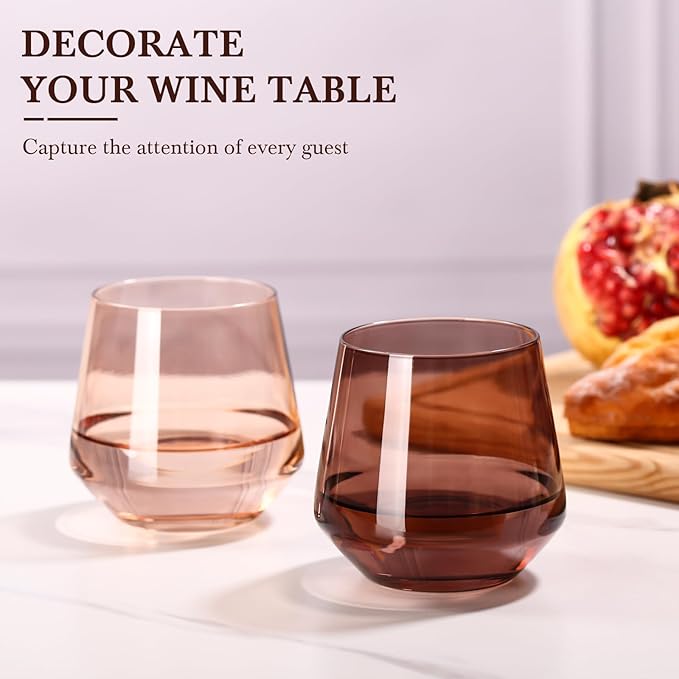 Venus Stemless Wine Glass Set of 6-14oz Wine Glasses, Stemless Drinking Glasses for Wine, Cocktails & Beverages - Elegant Glassware for Home, Bar & Holiday Use