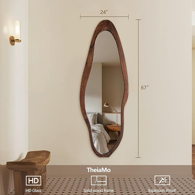 Irregular Full Length Mirror, 67"x24" Wooden Farmhouse Full Body Mirror, Large Asymmetrical Wall Mirrors for for Living Room Entryway Bedroom, Horizontal/Vertical, Woodgrain Brown