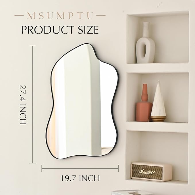 Irregular Wall Mirror Black Wave Shaped Metal Framed Wall Mirror for Bathroom Bedroom Entryway Living Room Wall Decor 28" L x 20" W 2304B