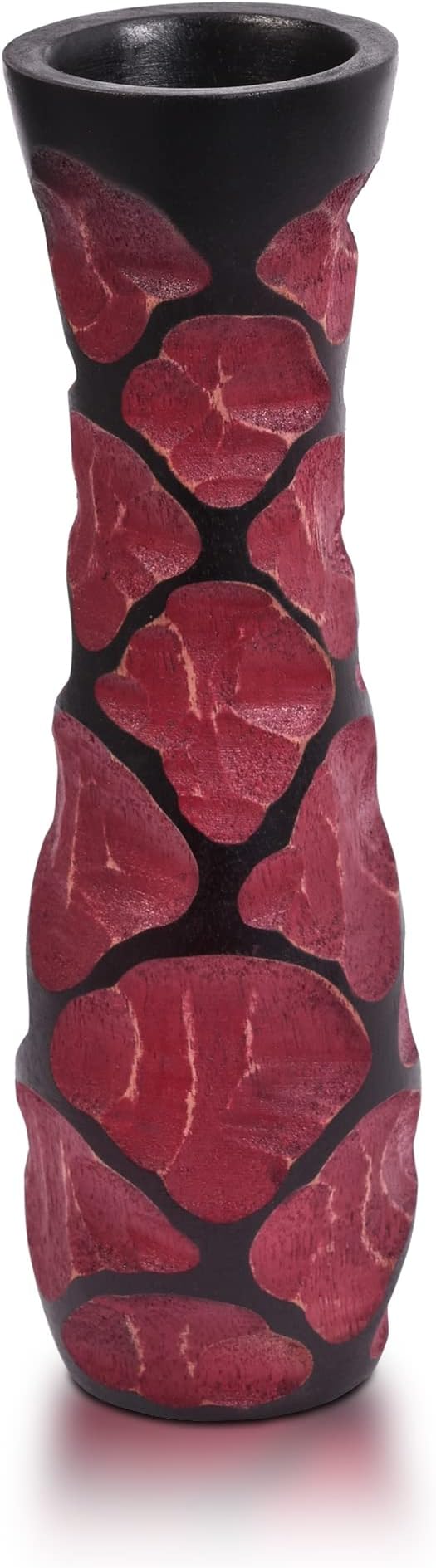 Beautifully Carved 10-Inch Red & Black Mango Tree Wood Vase | Handcrafted Decorative Wooden Flower Vase | Elegant Home Decor Accent