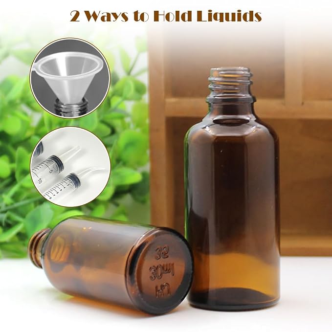 6Pcs Amber Glass Essential Oil Bottles with Orifice Reducer and Black Cap Empty Cosmetic Perfume Aromatherapy Storage Container Vial Pots Portable Refillable size 30ml/1oz