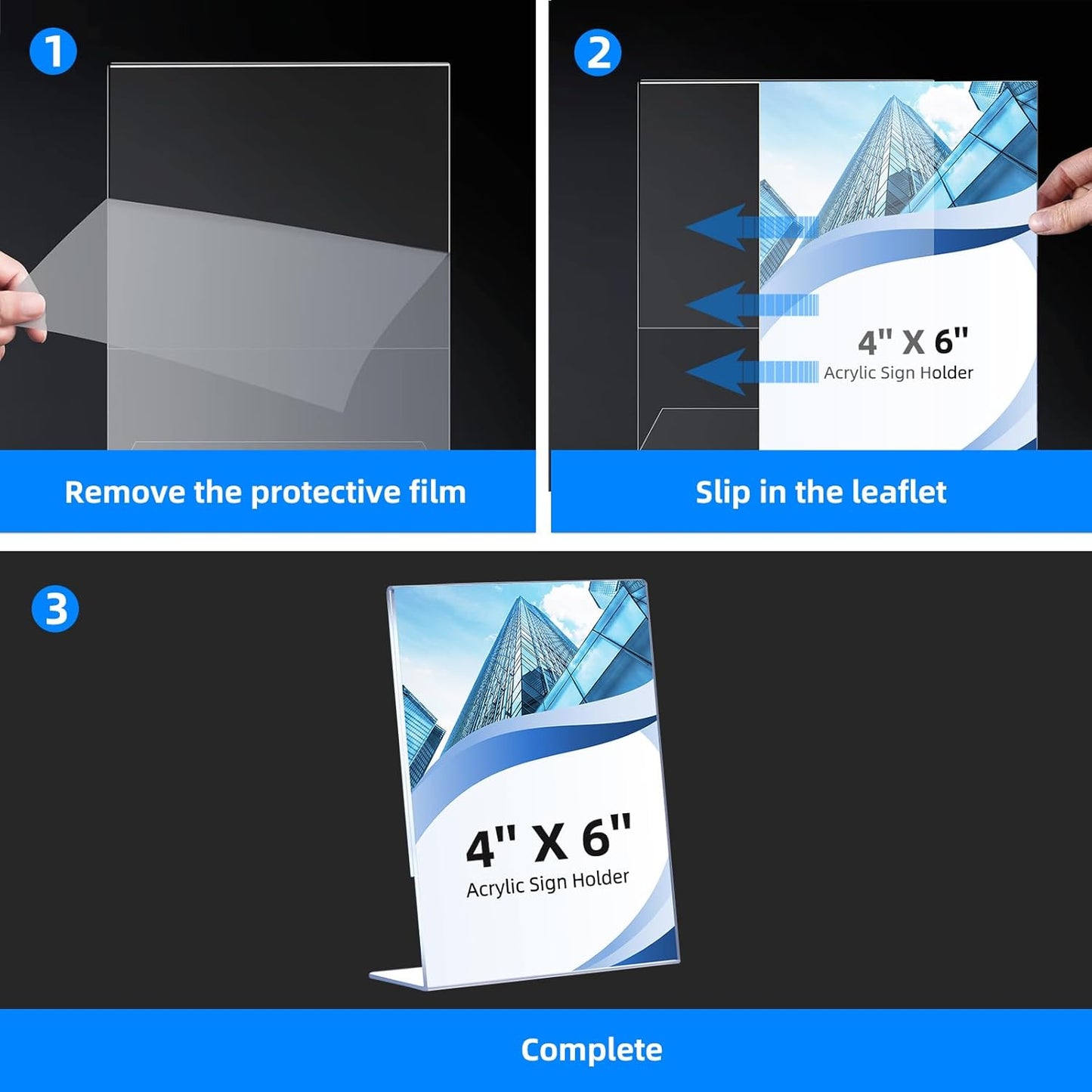Slanted Back Acrylic Sign Holders 4x6 - 12 Pack Clear Tabletop Display Stands with Anti-Slip Pads for Menus & Flyers