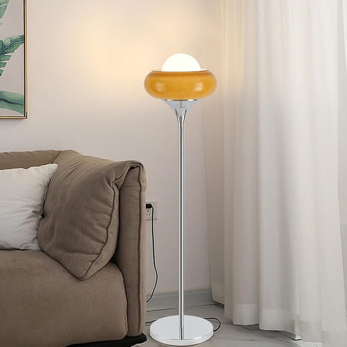 Mid-Century Modern Orange Floor Lamp,Bauhaus Style Mushroom Lamp for Reading,Tall Standing Lamp with Glass Lampshade for Living Room Bedroom and Office