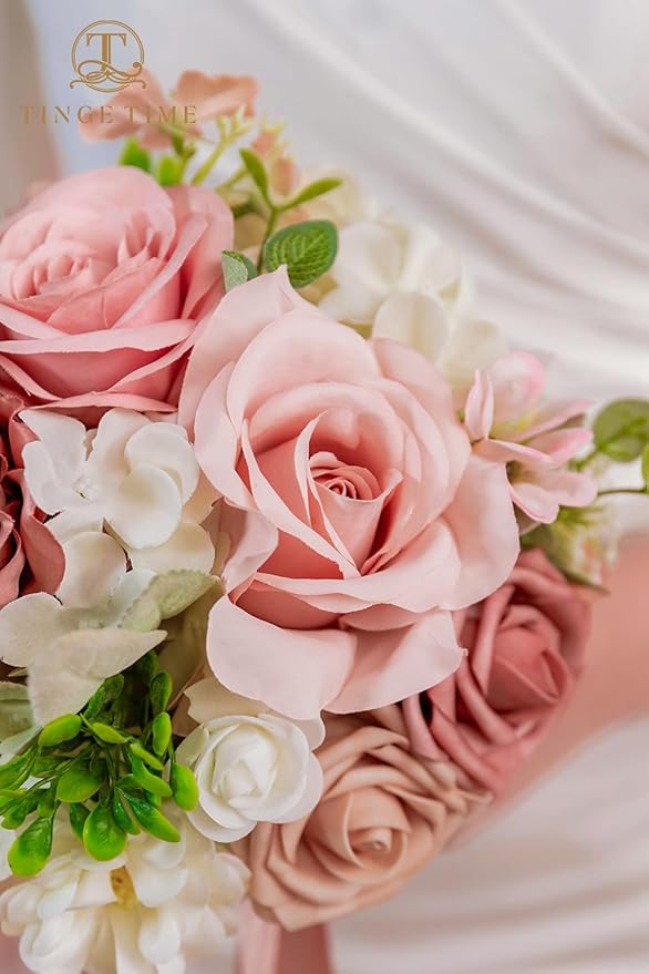 TINGE TIME 9 inch Bridal Bouquets for Bride, Artificial Silk Flowers Tossing Bouquet, Bride Bouquets for Wedding,Ceremony, Anniversary (DustyRose&Cream)