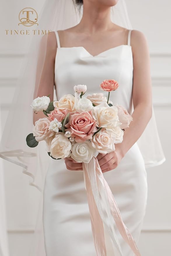 TINGE TIME 9 inch Bridal Bouquets for Bride, Artificial Silk Flowers Tossing Bouquet, Bride Bouquets for Wedding, Ceremony, Anniversary (Champange&Pink)