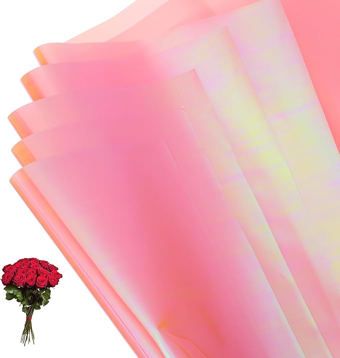 PATIKIL 22.8 x 22.8 Inch Flower Wrapping Paper, 20 Pcs Iridescent Double Sided Plastic Bouquet Packaging Waterproof Florist Supplies DIY Crafts Gift Packaging Gift Box Wedding, Light Pink