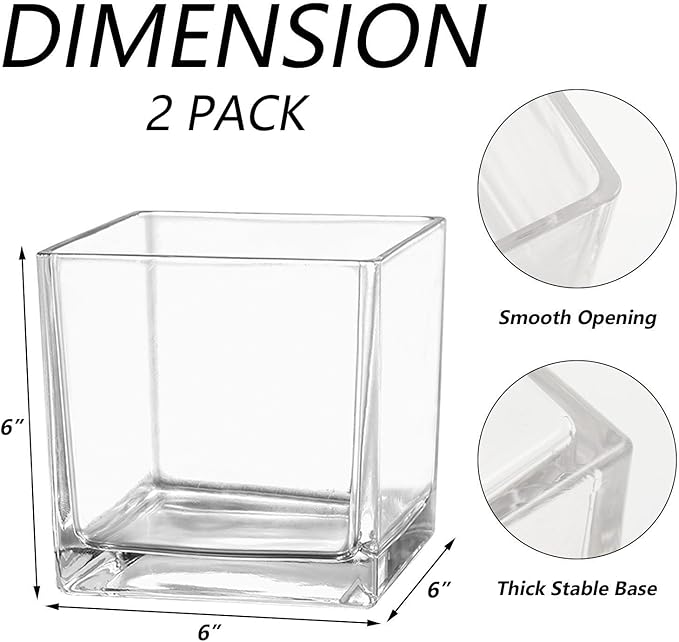 Square Clear Glass Vases Set of 2, 6" x 6" x 6" Square Vase for Centerpieces, Flower Vases for Centerpieces, Small Vase for Wedding, Party, Home Office Decoration