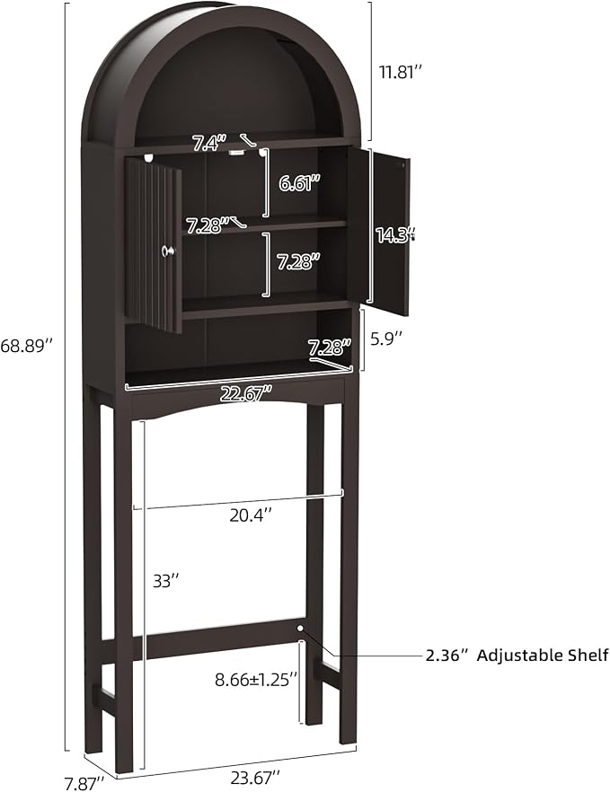 Spurgehom Over The Toilet Storage Cabinet, Bathroom Shelf Organizer Freestanding, Bathroom Arch Cabinet Over Toilet with Fluted Door and Anti-Tipping Device, Coffee