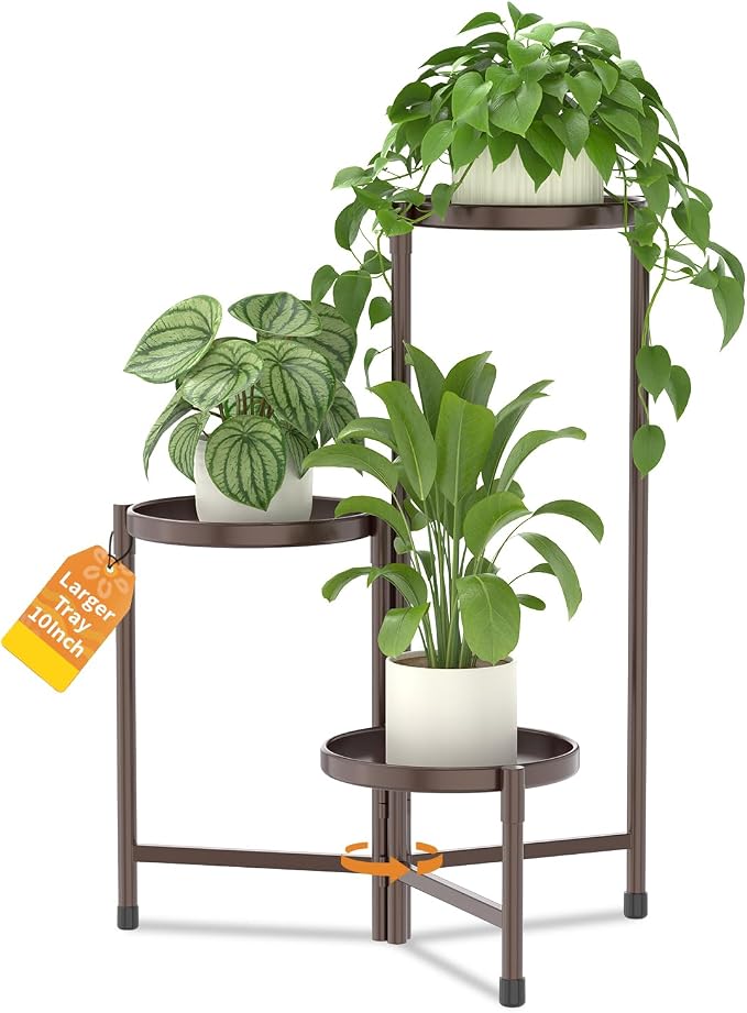 LASZOLA 3 Tier Large Plant Stand Indoor Tall with 10 Inch Metal Tray, Corner Folding Flower Display Rack, Modern Plant Holder Shelf for Outdoor Patio Porch Garden Office Living Room, Bronze