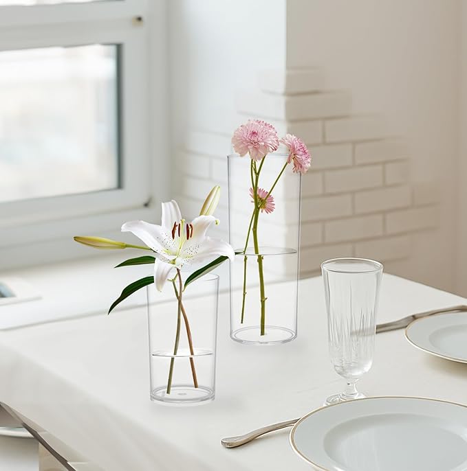 KLIFA- Carlsbad- Set of 4 Pieces, 6 & 9 Inch Tall, Plastic Cylinder Vases for Centerpieces, Acrylic Flower Vase for Wedding Centerpieces, Home Decorations, Clear