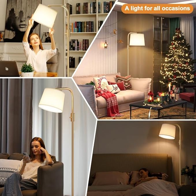 Ambimall 𝐅𝐮𝐥𝐥𝐲 𝐃𝐢𝐦𝐦𝐚𝐛𝐥𝐞 Floor Lamp - Floor Lamps with 9W 𝐋𝐄𝐃 Bulb, Standing Lamps for Living Room with Adjust Head, Modern Standing Tall Light Rotary Switch for Office(Gold and White)