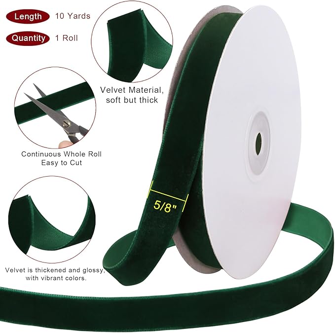 10 Yards Green Velvet Ribbon for Christmas Tree,5/8 Inch Velvet Christmas Ribbon for Gift Wrapping Crafts Bow Wreath Holiday Decorations (Dark Green)