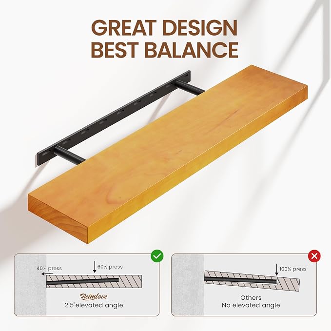 Heimlove Pine Wood Floating Shelves, 8 Inch Deep Real Wood Shelves Set of 2, Wall Mounted Rustic Wood 36x8 Floating Shelf with Invisible Brackets for Bedroom Kitchen Living Room - Honey Oak