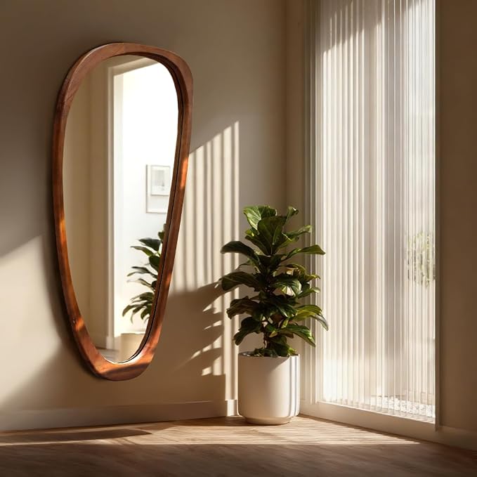 22‘’x48'' Asymmetrical Mirror with Wood Frame, Small Irregular Wall Odd Shaped Mid Century Modern Mirror Christmas Decor for Bedroom Living Room Entryway Hall (Wood)